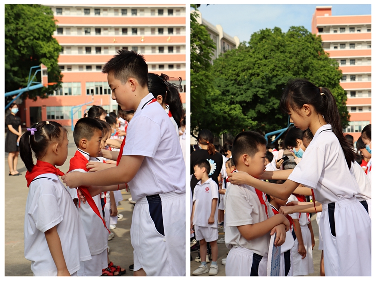 图2：五年级队员为一年级新队员系上红领巾.jpg